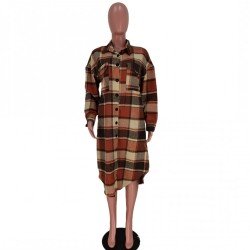 Women Plaid Long Sleeve Button Up Long Coats