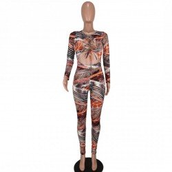 Leopard Tie Wrap Long Sleeve Jumpsuits For Women