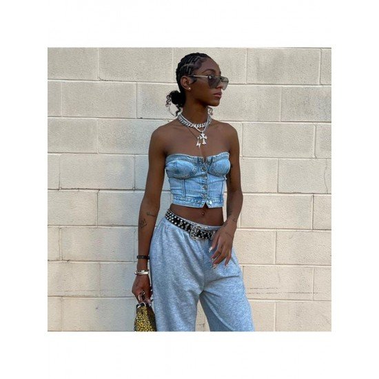 Street Ladies Blue Denim Strapless Tops