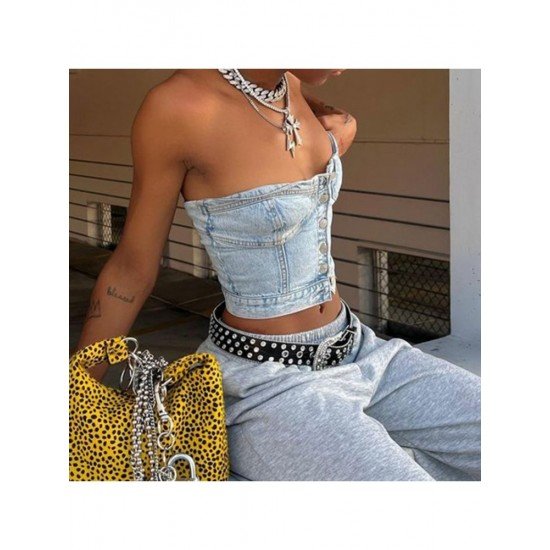 Street Ladies Blue Denim Strapless Tops