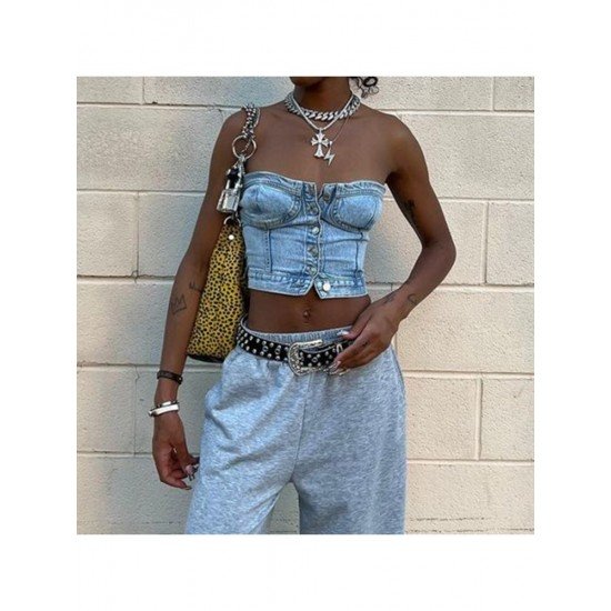 Street Ladies Blue Denim Strapless Tops