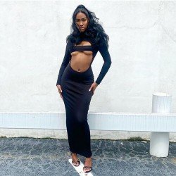 Mock Neck Cut Out Long Sleeve Maxi Dresses