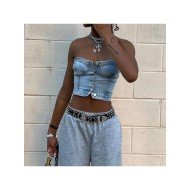 Street Ladies Blue Denim Strapless Tops