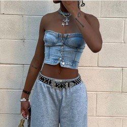 Street Ladies Blue Denim Strapless Tops
