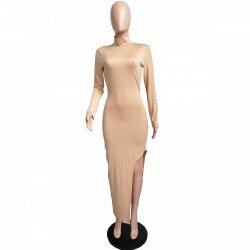  Pure Color Skinny Irregular Split Long Dress