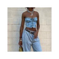 Street Ladies Blue Denim Strapless Tops