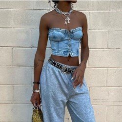 Street Ladies Blue Denim Strapless Tops