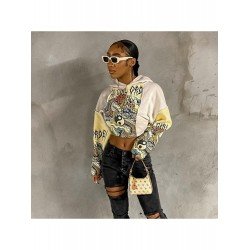 Casual Chinese Dragon Print Hooded Crop Sweater  Casual Chinese Dragon Print Hooded Crop Sweater