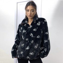 Rose Fluffy Loose Black Sweatshirts For Women