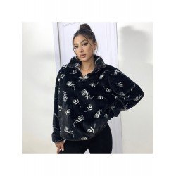 Rose Fluffy Loose Black Sweatshirts For Women Rose Fluffy Loose Black Sweatshirts For Women