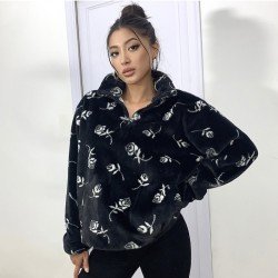 Rose Fluffy Loose Black Sweatshirts For Women
