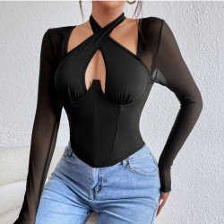 Ladies Halter Black Long Sleeve Tops