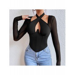 Ladies Halter Black Long Sleeve Tops