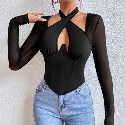 Ladies Halter Black Long Sleeve Tops