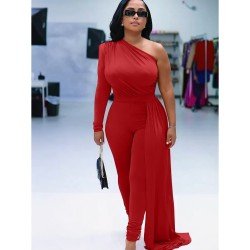  Pure Color Oblique Shoulder Casual Jumpsuit