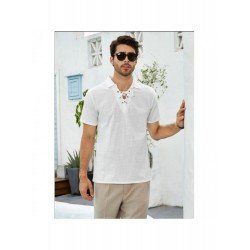 Men's Linen Pure Color Lace Up Short Sleeve Shirts  Men's Linen Pure Color Lace Up Short Sleeve Shirts