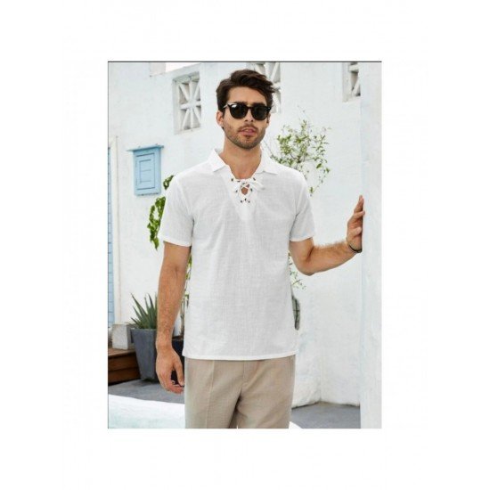  Men's Linen Pure Color Lace Up Short Sleeve Shirts
