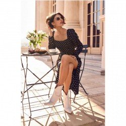 Fall Dots Black Long Sleeve Square Neck Dresses