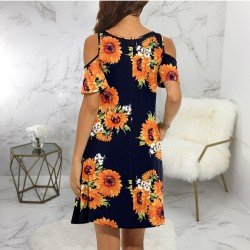 Casual Summer Sunflower Pattern Cold Sleeve Dress
