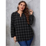 Grid Puff Sleeve Loose Black Plus Size Blouse