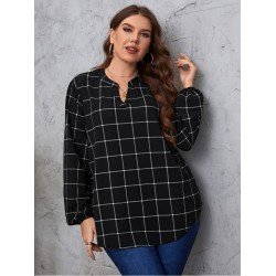 Grid Puff Sleeve Loose Black Plus Size Blouse