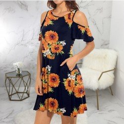Casual Summer Sunflower Pattern Cold Sleeve Dress