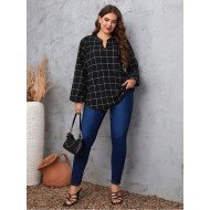 Grid Puff Sleeve Loose Black Plus Size Blouse