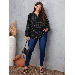 Grid Puff Sleeve Loose Black Plus Size Blouse Grid Puff Sleeve Loose Black Plus Size Blouse