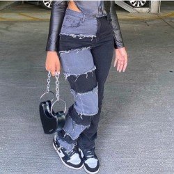  Stylish Contrast Color Patchwork Winter Denim Jeans