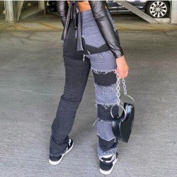  Stylish Contrast Color Patchwork Winter Denim Jeans