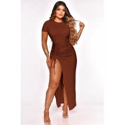 Pure Color Round Neck Drawstring Split Hem Long Dress  Pure Color Round Neck Drawstring Split Hem Long Dress