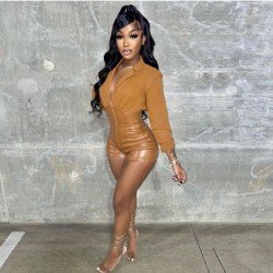  Fashion PU Zipper Patchwork Women's Long Sleeve Rompers