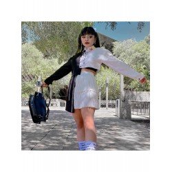 Black White Contrast Color Printed Crop Blouse