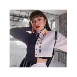 Black White Contrast Color Printed Crop Blouse