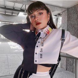 Black White Contrast Color Printed Crop Blouse