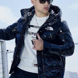 Glossy Loose Color Block Hooded Mens Puffer Jacket