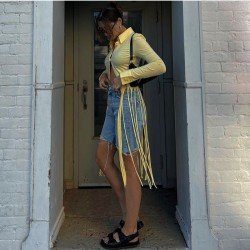 Tassel Button Up Solid Long Sleeve Ladies Tops