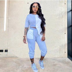 Casual Contrast Color Patchwork 2 Piece Pant Sets
