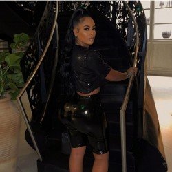  PU Leather Tight Top And Shorts Women's Sets