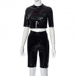  PU Leather Tight Top And Shorts Women's Sets
