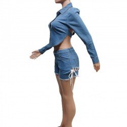 Tie Wrap Denim Backless Matching Short And Top Sets