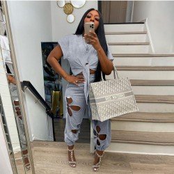 Casual Pure Color Hollowed Out Women's Trouser Sets