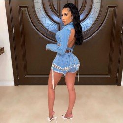 Tie Wrap Denim Backless Matching Short And Top Sets