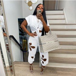 Casual Pure Color Hollowed Out Women's Trouser Sets