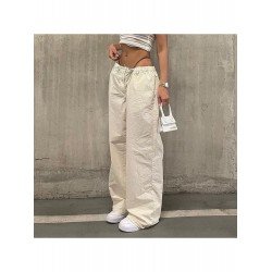 Summer White Solid Drawstring Cargo Trousers