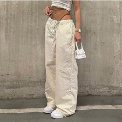 Summer White Solid Drawstring Cargo Trousers