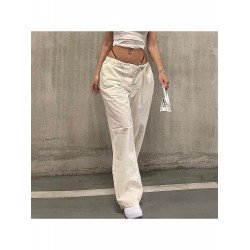 Summer White Solid Drawstring Cargo Trousers