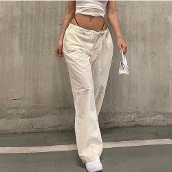 Summer White Solid Drawstring Cargo Trousers