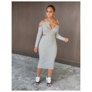Stylish Solid Cut Out Long Sleeve Dress