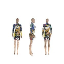 Mock Neck Long Sleeve Printed Short Dresses Mock Neck Long Sleeve Printed Short Dresses